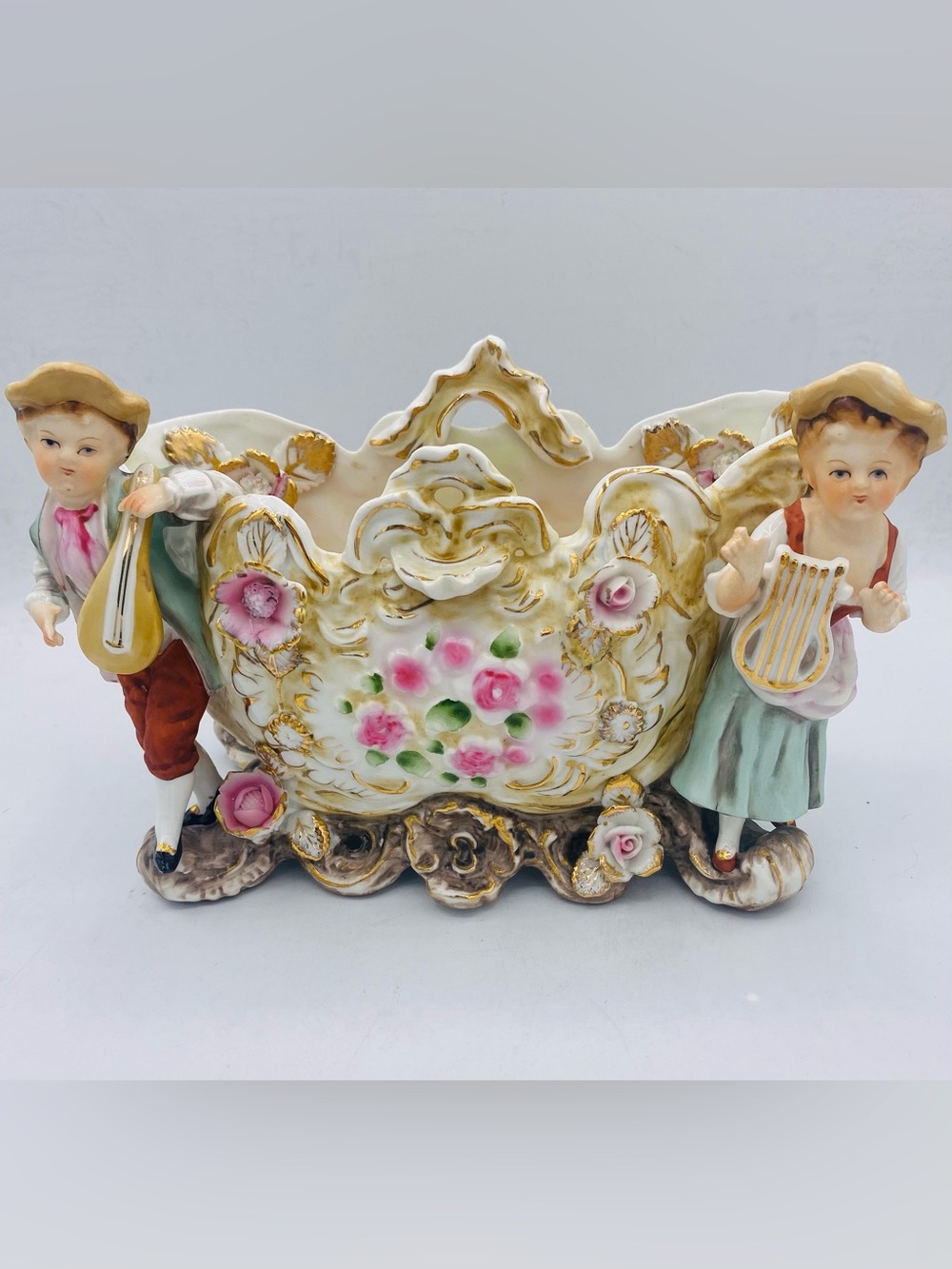 Vintage Ucagco Japan Porcelain Vase Figurines Applied Floral Details Gold Gilt